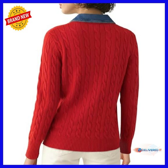 Denim Lapel V-Neck Cable Knit Pullover Sweater Long Sleeve Loose Fit - Picture 7 of 8